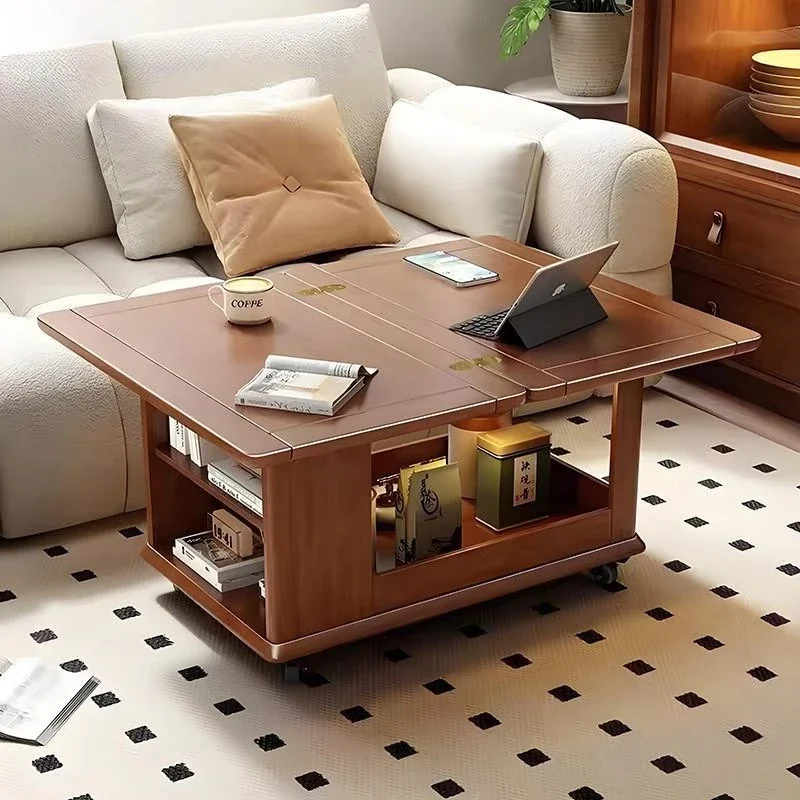 Solid wood trolley moving side sofa coffee table foldable multi-functional tea table small apartment living room balcony tea