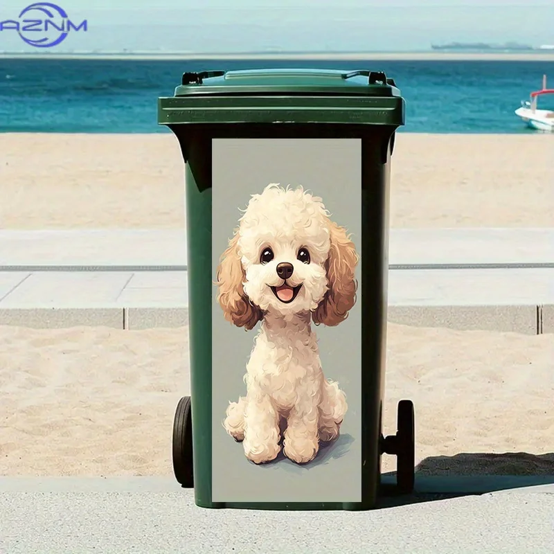 Cute Poodle Trash Can Mural Sticker, Adorable Illustration Self-Adhesive Removable Stickers, Playful Design Stickers, Happy Ex