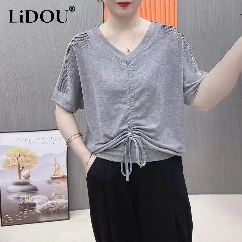 

Summer Loose Casual Diamons Drawstring T-shirt Female Short Sleeve Fashion All-match Pullover Top Women Oversized Lace Up Tee