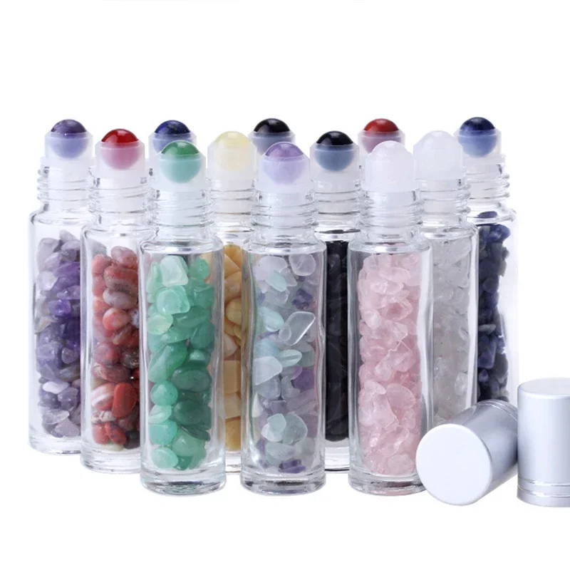 10Pcs 10ml Roll On Bottle Essential Oil Natural Jade Roller Bottles with Crystal Chip Glass Travel Refillable Bottle Containers