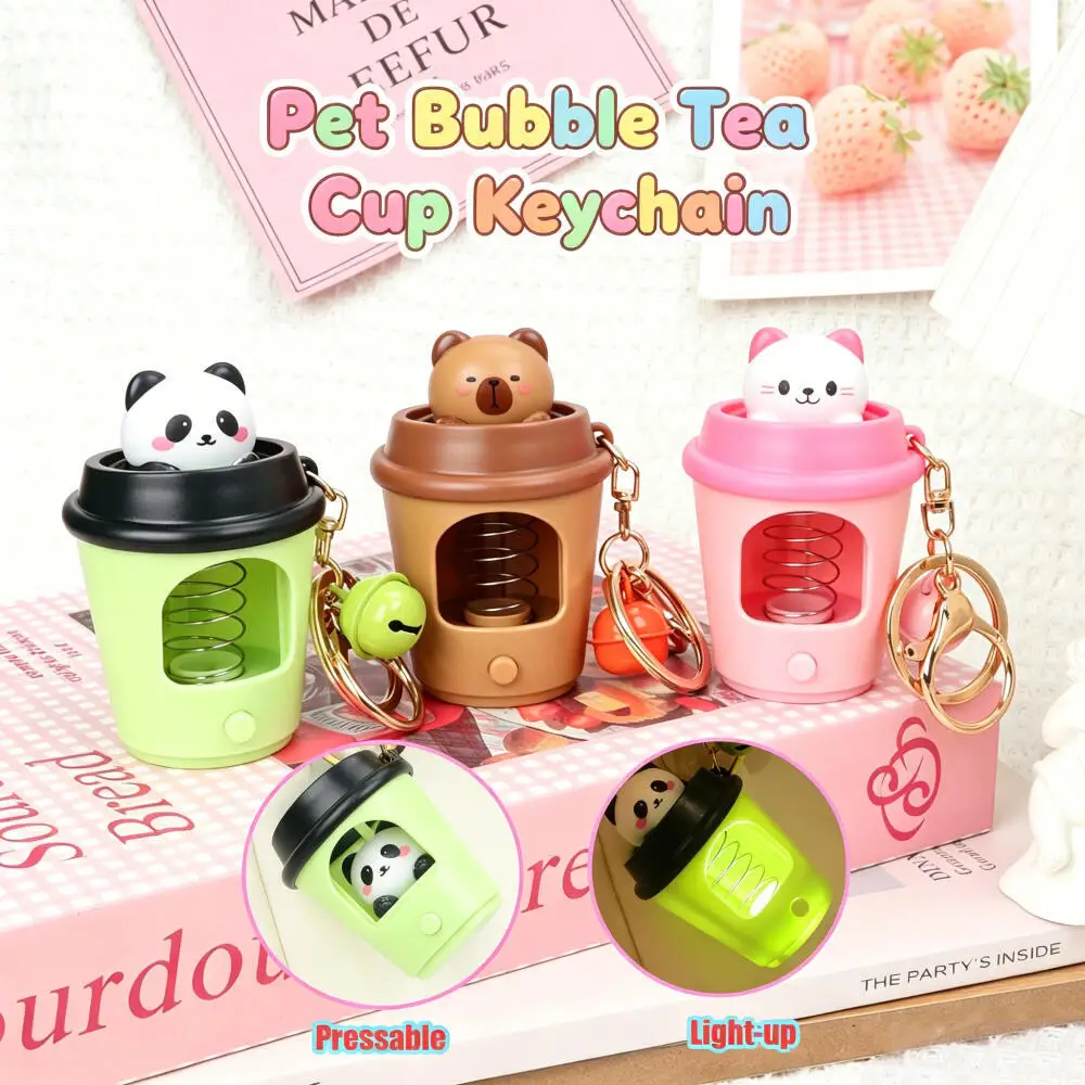 Creative Bouncy Pet Keychain, Light-up, Panda Capybara Kitten Milk Tea Cup Pendant, Cute Stress Relief Key Ring, Perfect Gift