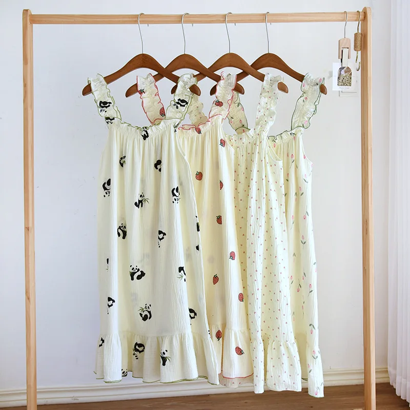 

2025 Summer New Style 100%cotton Ladies Suspender Skirt Thin Nightdress Cartoon Plus Size Short Skirt Home Skirt Plus Size Dress