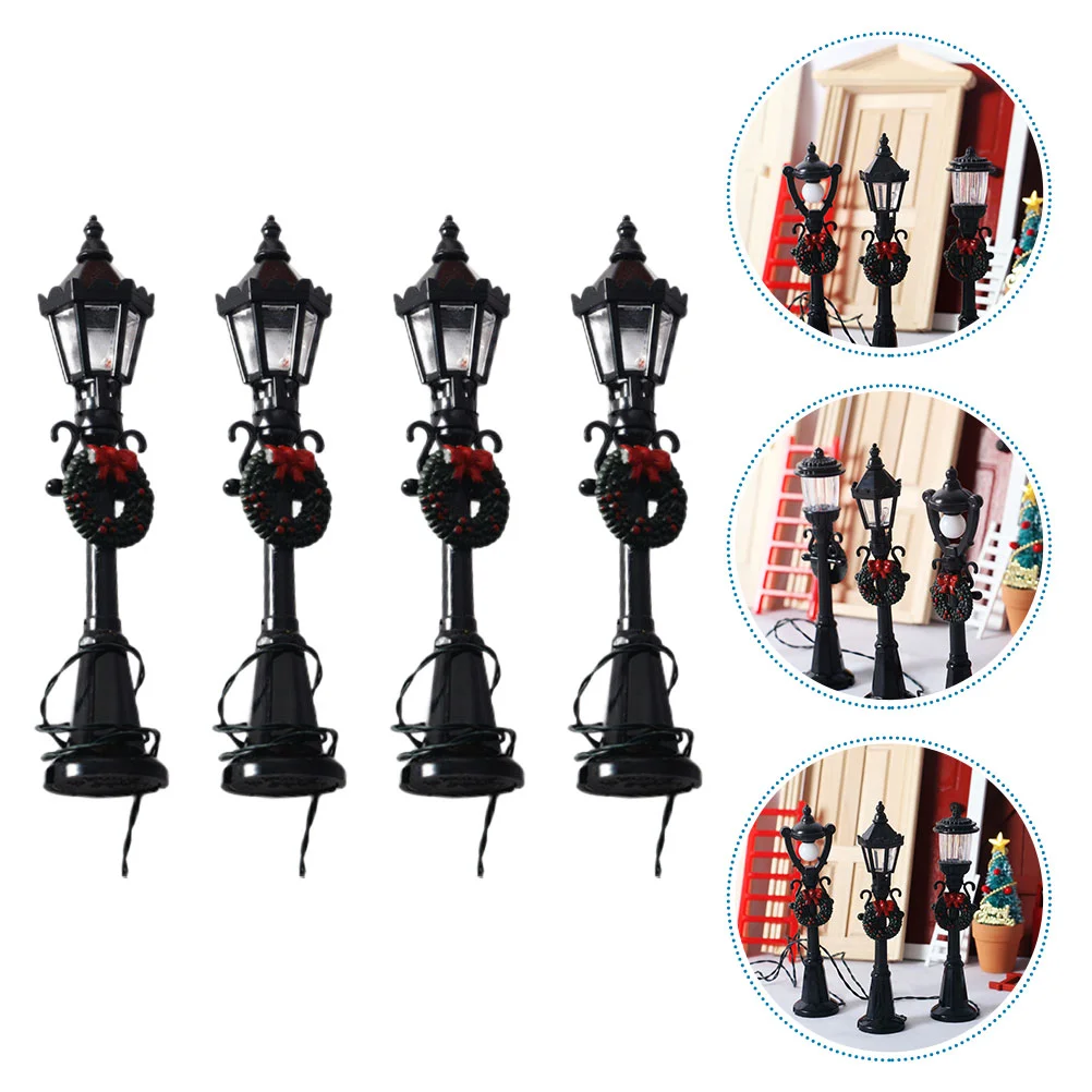 4 Pcs Train Lamp Post Mini Street Light Model House Vintage Decor Scene Lantern Figurine Black Abs Simulation Retro