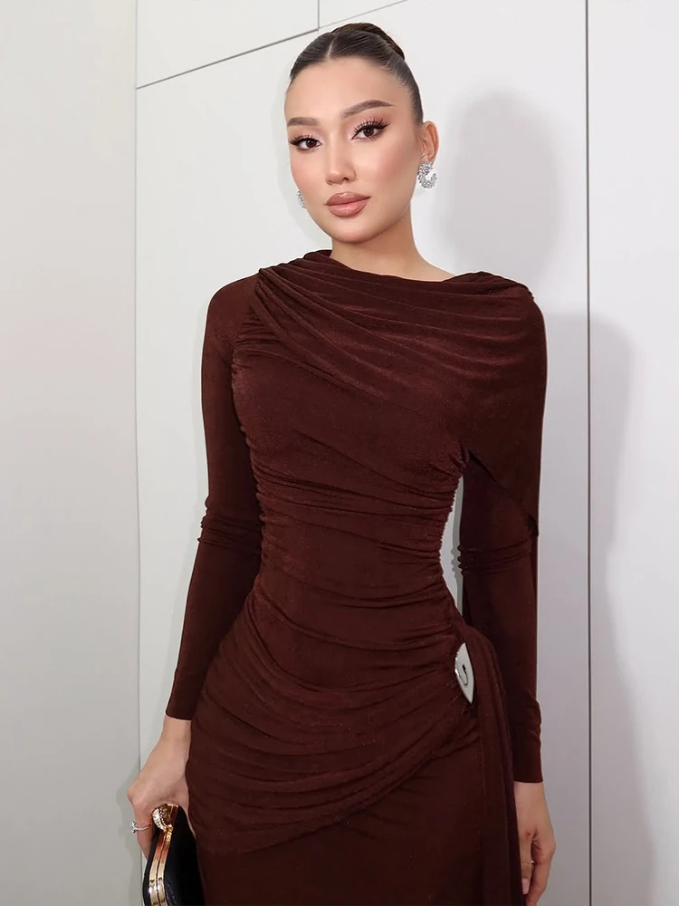 Kliou ruched elegante vestido longo mulher o pescoço manga cheia fita decoração diária casual moda versátil estilo magro vestidos