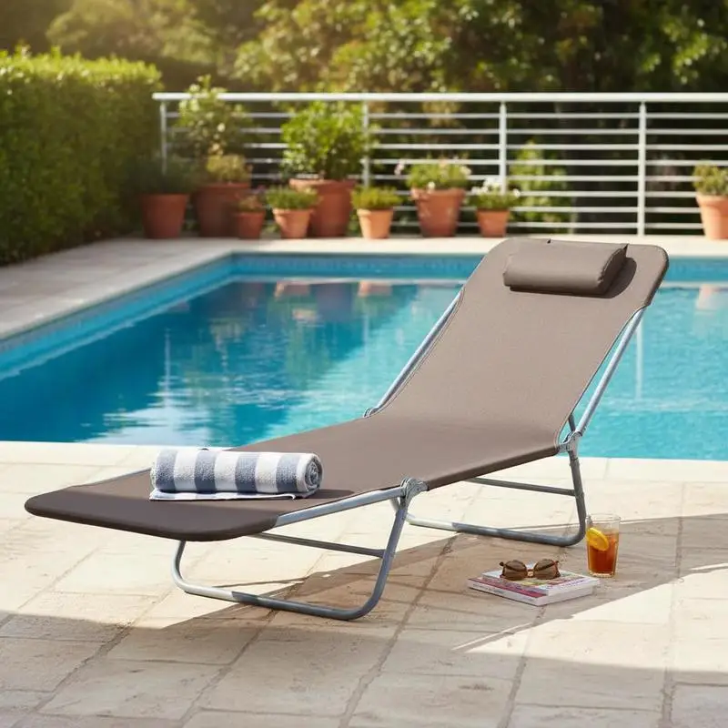 

Outdoor Foldable Sun Lounger, Adjustable Backrest Garden Recliner Sun Lounger Chair with Headrest Pillow, Coffee