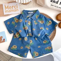 2024 Summer Kids Denim Shirts Set Boys Girls Short-sleeved Shirts and Shorts Daisy Print Two-piece Children Casual Loose Sets