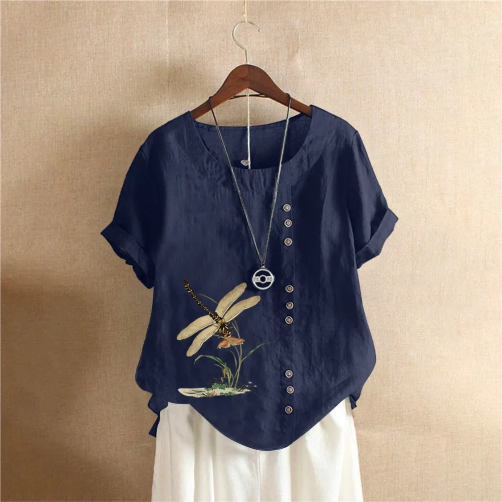 

Woman Blouse Tops 2025 Summer Retro Casual Loose Cotton And Linen Short Sleeved Dragonfly Printed Pullover T-shirt For Women