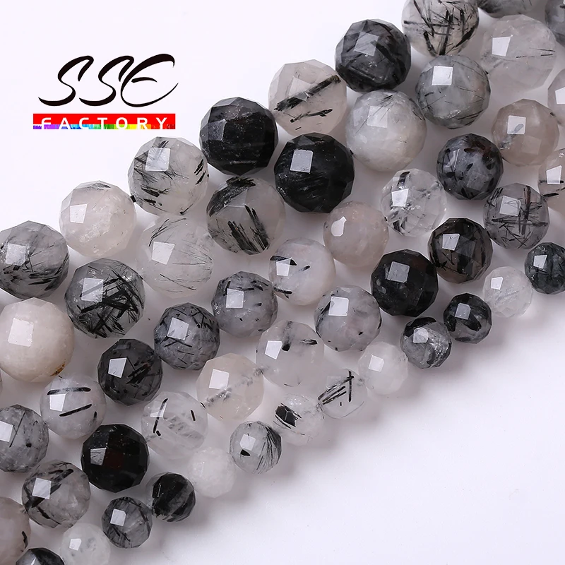 

A+ Faceted Black Rutilated Quartz Crystal Stone Beads Loose Spacer Beads For Jewelry Making DIY Bracelets Necklaces 6 8 10mm 15"