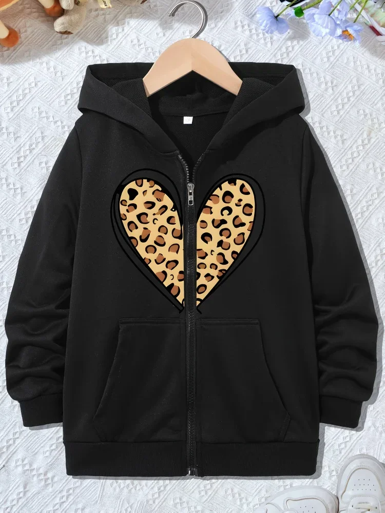 Casual Light Purple Zip Hoodie For Children Leopard Texture Heart Design Long Sleeve Kids Sports Coat