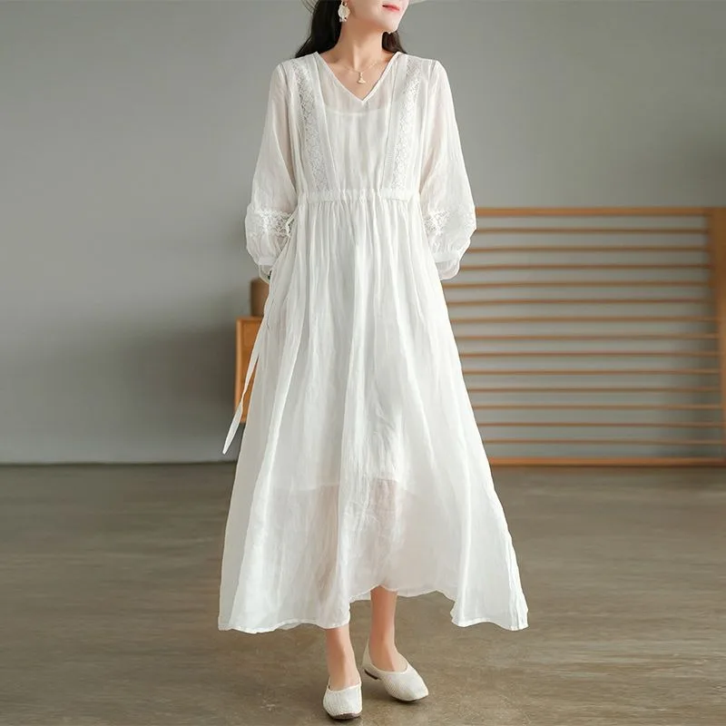 

Literary Style Lace Splicing V-neck Dress Women's Summer High-end Comfortable Lace-up Waist Long Skirt
