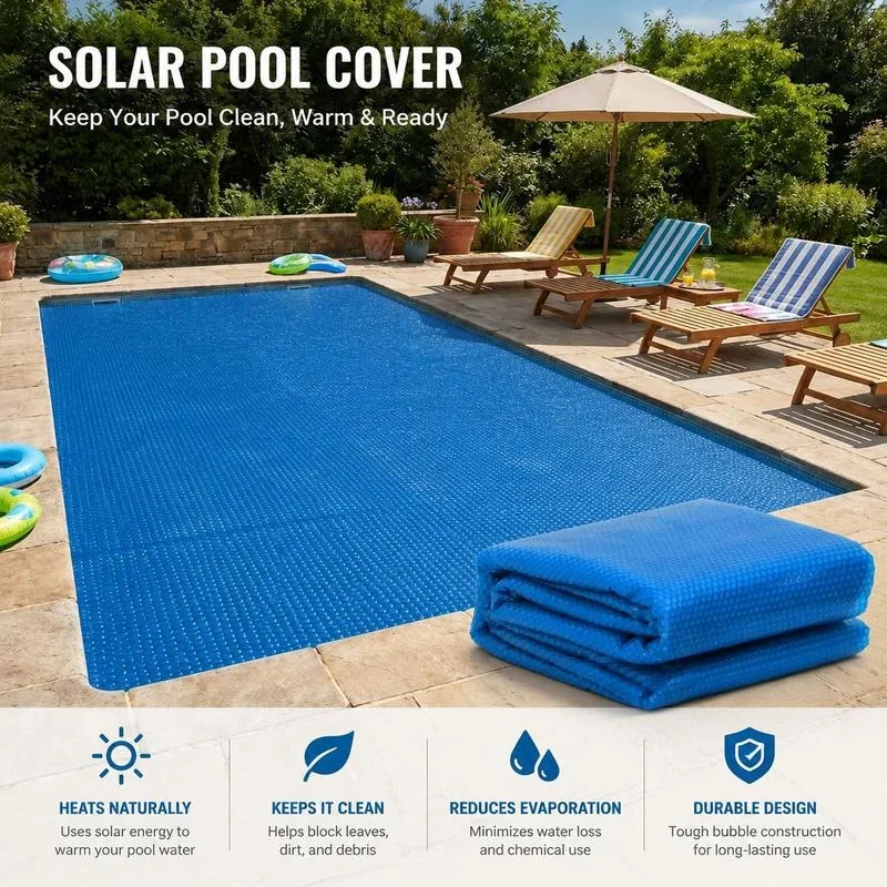 Couverture solaire carrée pour piscine en PE bleu 300x200cm avec chambre à air, ajustement ajustable, pour jardin, terrasse, balcon extérieur, réduit l'évaporation, protège le bassin des débris, pour petite piscine familiale, espace extérieur minimaliste