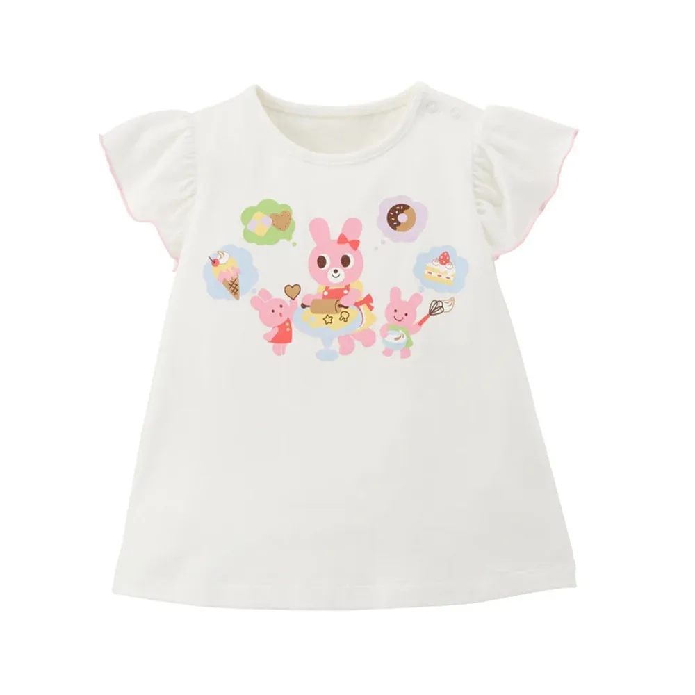 

summer tops girls clothes cartoon T-shirt Cute rabbit print short sleeve t shirt Girls' pure cotton white flared sleeve T-shirt