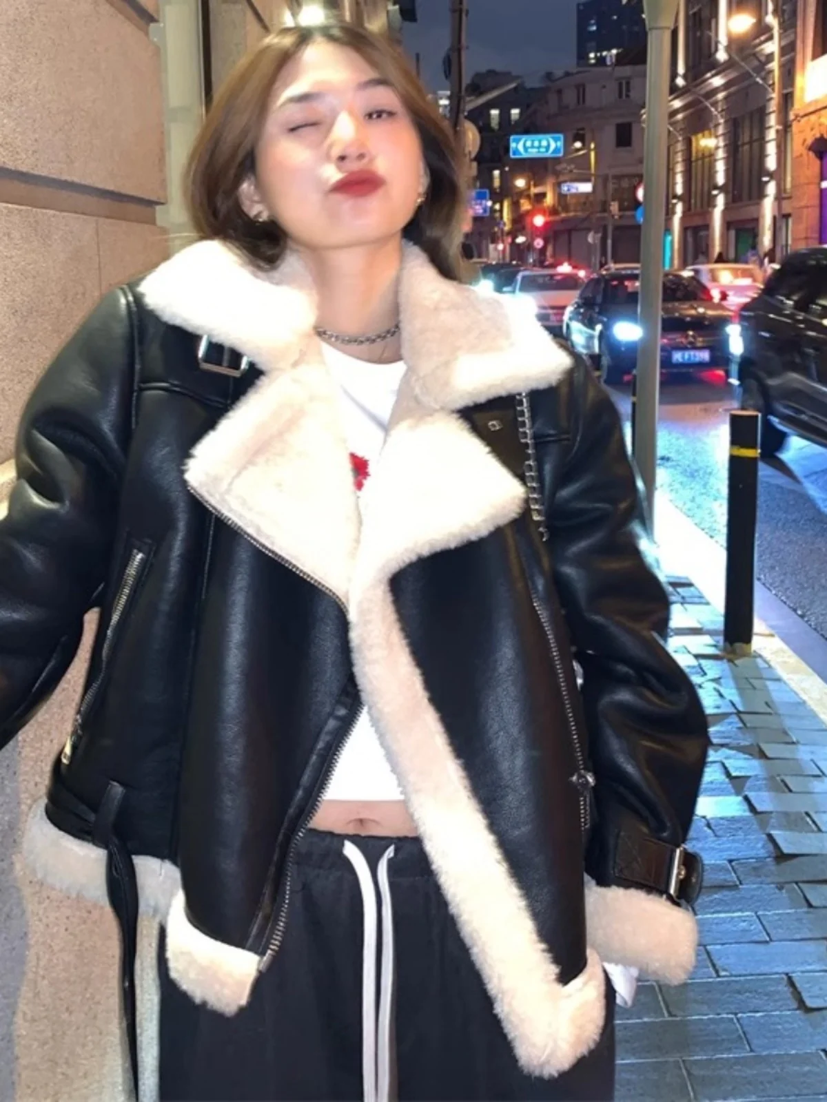 الشتاء Thiened الدافئة بلا الجلد المدبوغ فرو الضأن Jaet معطف صغير الحجم غير المتماثلة الحلو Sle فضفاضة تناسب سستة إغلاق بولي Leather الجلود #2