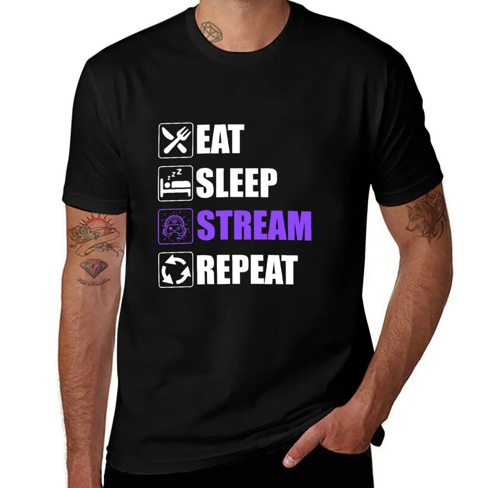 Eat Sleep Stream Repeat - Funny Streamers T-Shirt Running Gym Short Sleeve Sports Tee