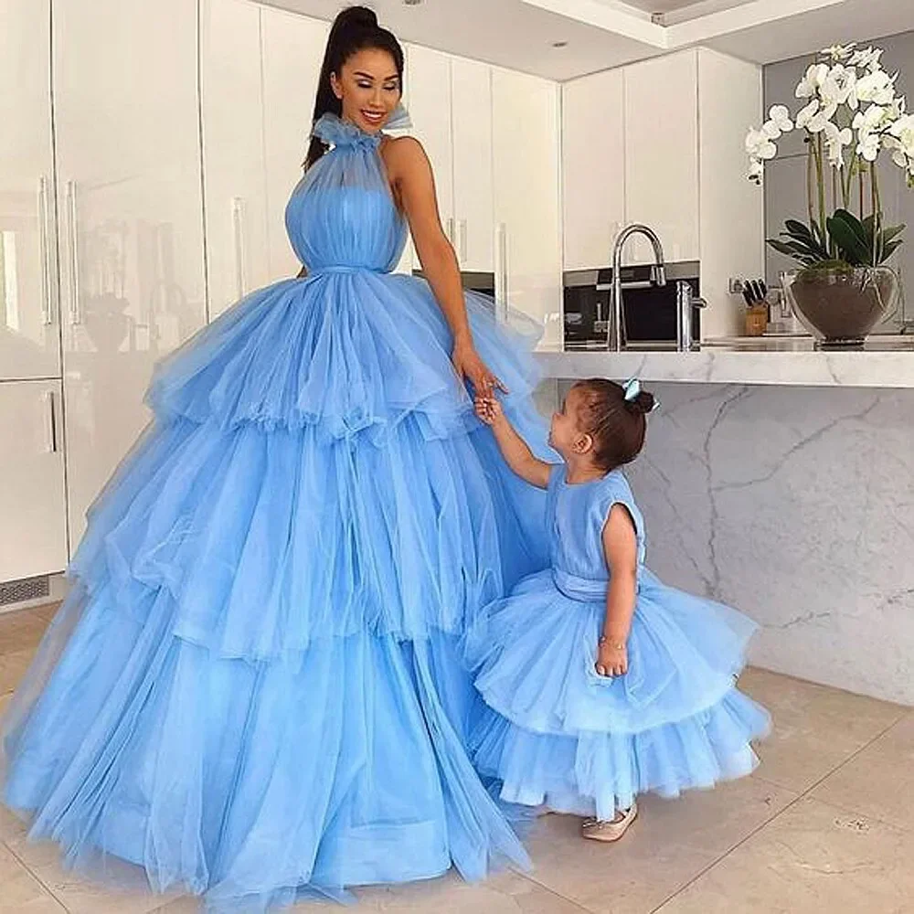 Baby Blue Mother and Daughter Dress V Neck O Neck Tiered Puffy Mommy and Me Party Dress Celebrity Family Look To Birthday