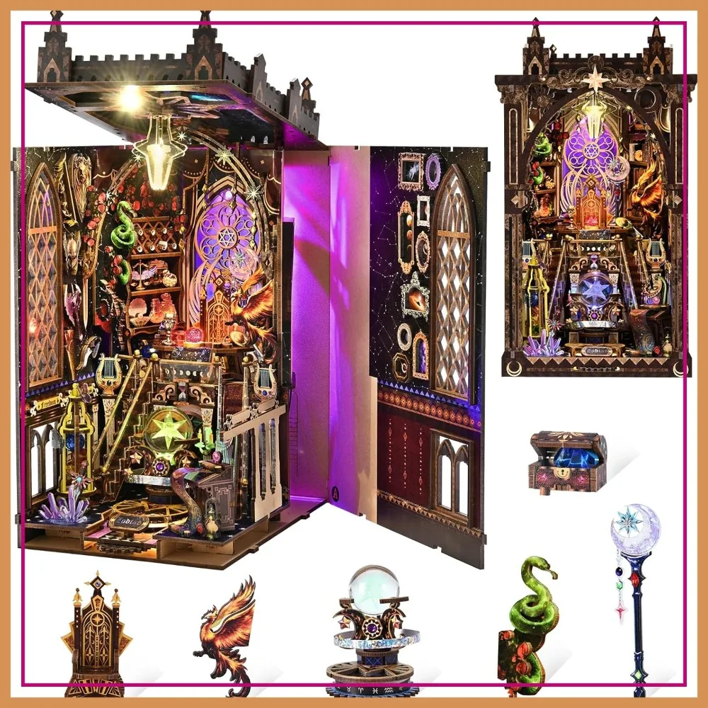 

DIY Book Nook Kit for Adults, 3D Wooden Puzzle Bookshelf Insert with LED Light - Zodiac Signs Divination Fate Destiny