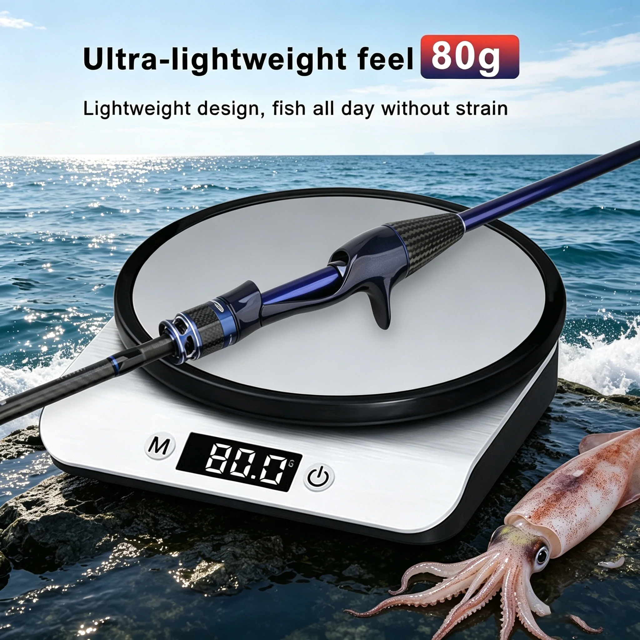 ROLLFISH 1,6m Tintenfisch-Jiggingrute, Ultraleichte 80g Titan-Spitze 46T Kohlefaser Spinnrute für Bootsangeln – Detail 3