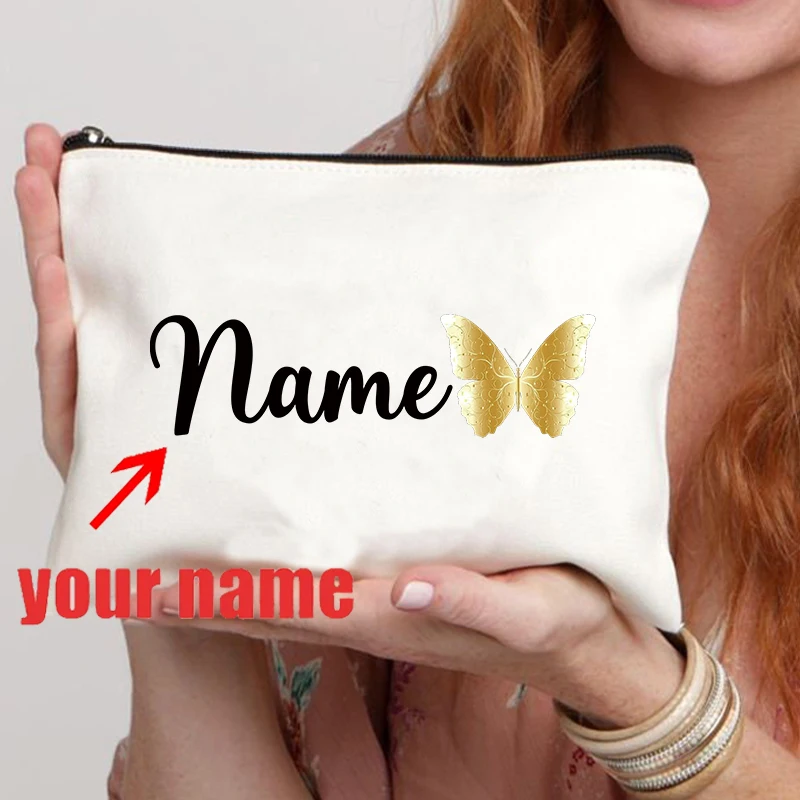 Bolsa de maquillaje con patrón de mariposa dorada personalizada, bolsa de lona para mujer, lápiz labial, papelería, bolsa de almacenamiento multifuncional, billetera de regalo