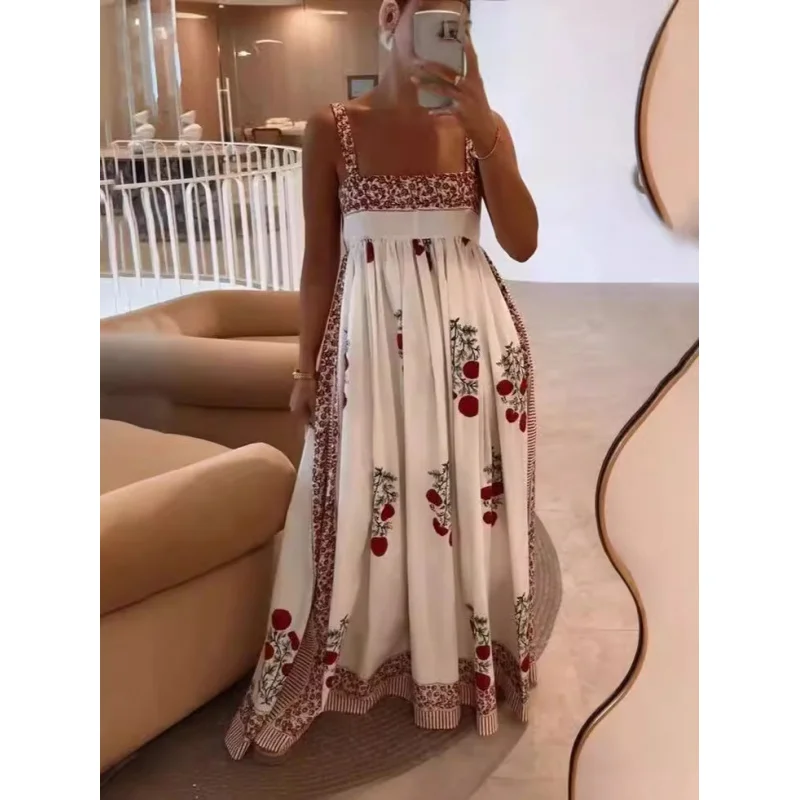 High Waist Big Swing Positioning Printing Sling Long Dress