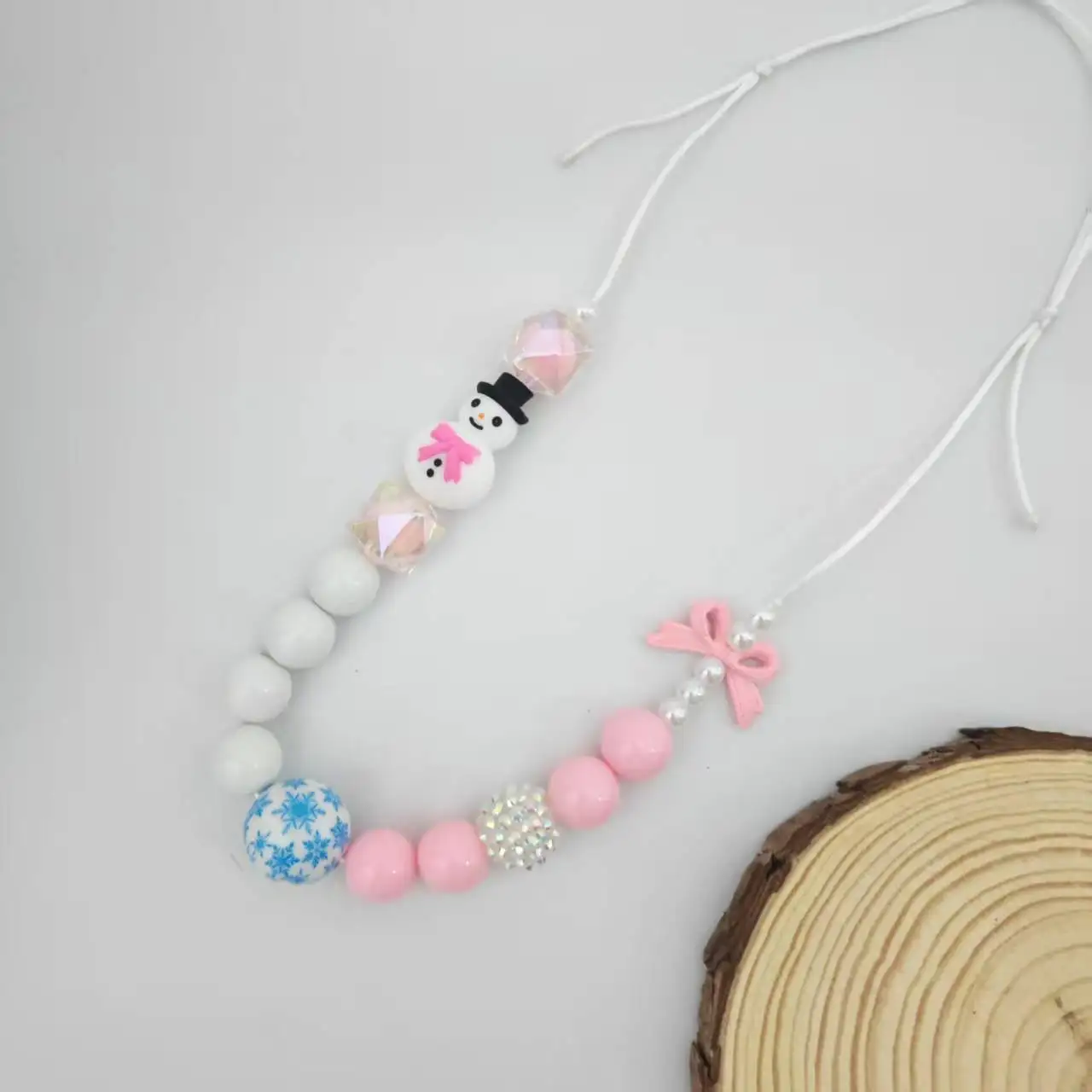 3D süße Schneemann Perlen mit rosa Schleife Halskette Baby Mädchen neue Mode lustige Weihnachten handgemachte Halskette