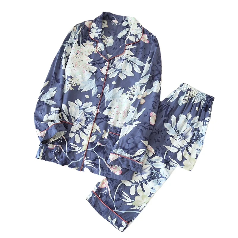 

Summer Thin Long-sleeved Artificial Cotton Pajamas Cotton Set Ultra-thin Cotton and Silk Pajamas Women's Summer Two-piece Set