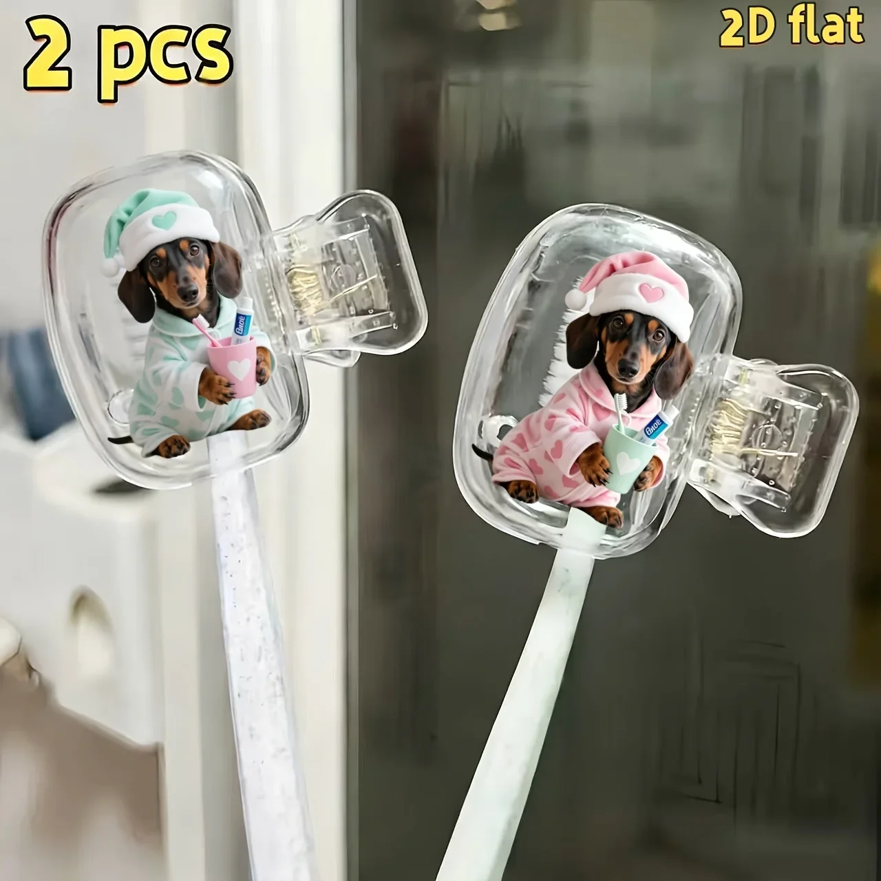 2pcs Dachshund in Pajamas Holding a Toothbrush Cup Toothbrush Head Cover Must-Have Bathroom Accessory for Home and Travel