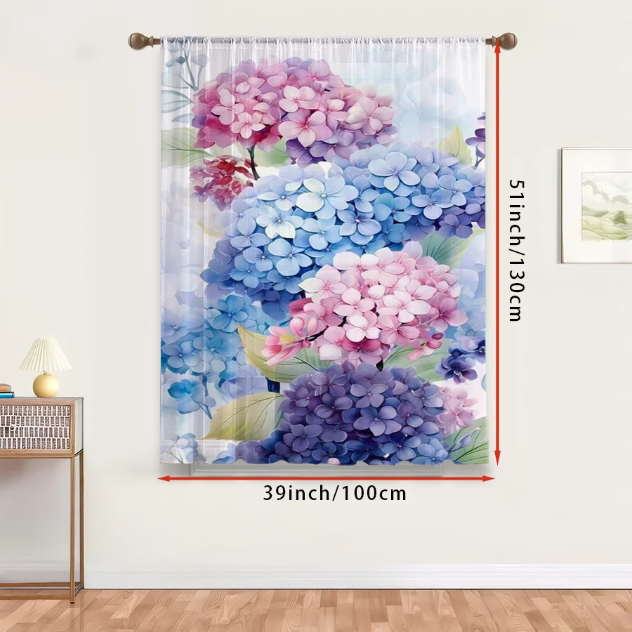 1PC Sheer Curtain Hydrangea Blue Purple Pink Gradient Print, Rod Pocket Window Curtain for Living Room Floral Decor