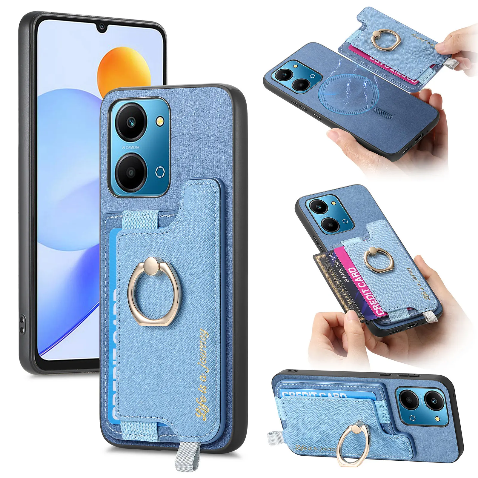 2 in 1 Detachable Magnetic Ring Holder Card slot wallet Leather Back Cover For Honor Play7T Case 6.74 inch shockproof Phone case