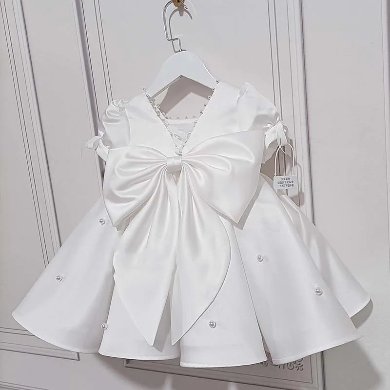 White Satin Tulle Baby Girl Dress Toddler Girls Infant 1 Year Birthday Party Puff Sleeve Beads Newborn Baptism Christening Gown