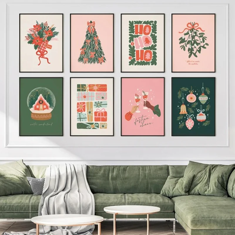Cute Christmas Printable Art Coquette Christmas Gallery Wall, Trendy Wall Art Retro Holiday Decor, Pink Red & Green Poster