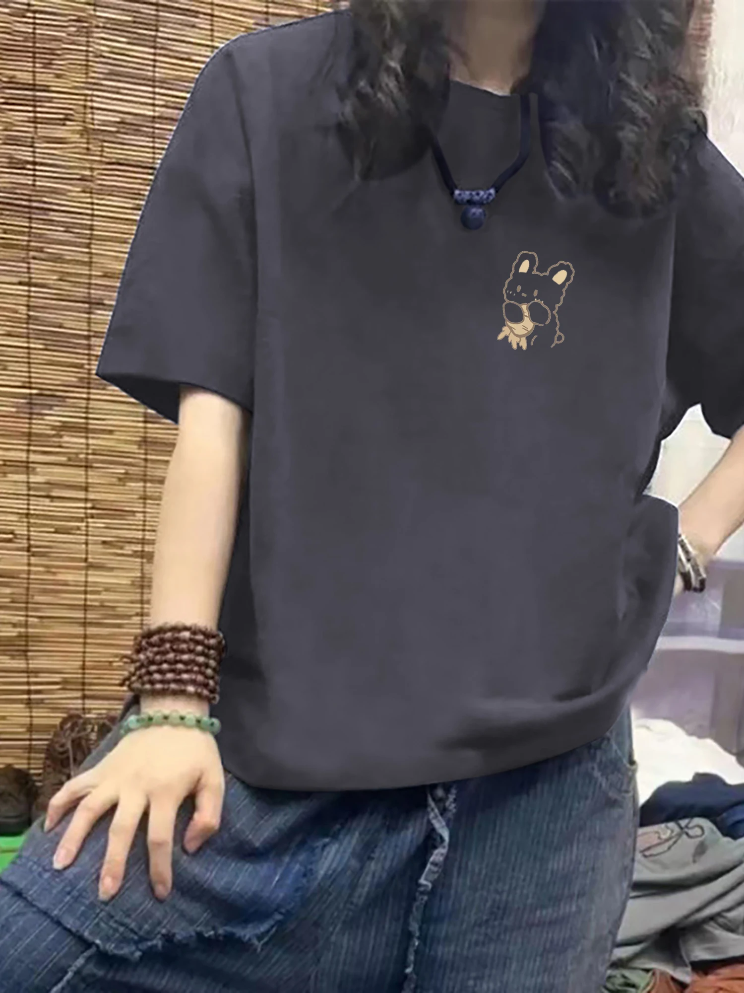 100% Pure Cotton Short Sleeve T-Shirt Artistic Print Loose Fit round Neck Top Fashionable Summer Casual Wear for Younger Look