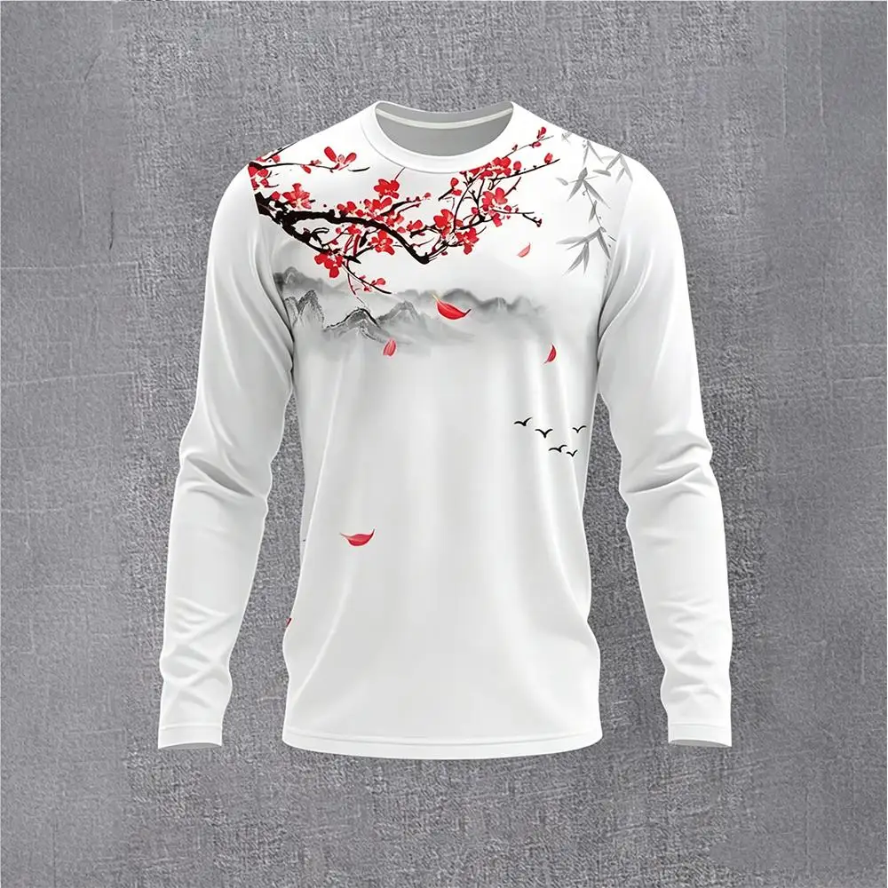 Chinese Style Ink Plum Blossom Long Sleeve T-Shirt Men's Vintage Landscape Print Casual Base Layer Shirt Fashion Streetwear Top