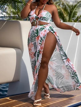 2024 Grote Plus Size Halter Bikini Lange Rok 3-delig Hoge Taille Badpak Vrouwen Badmode Vrouwelijk Badpak Beachwear Zwemmen