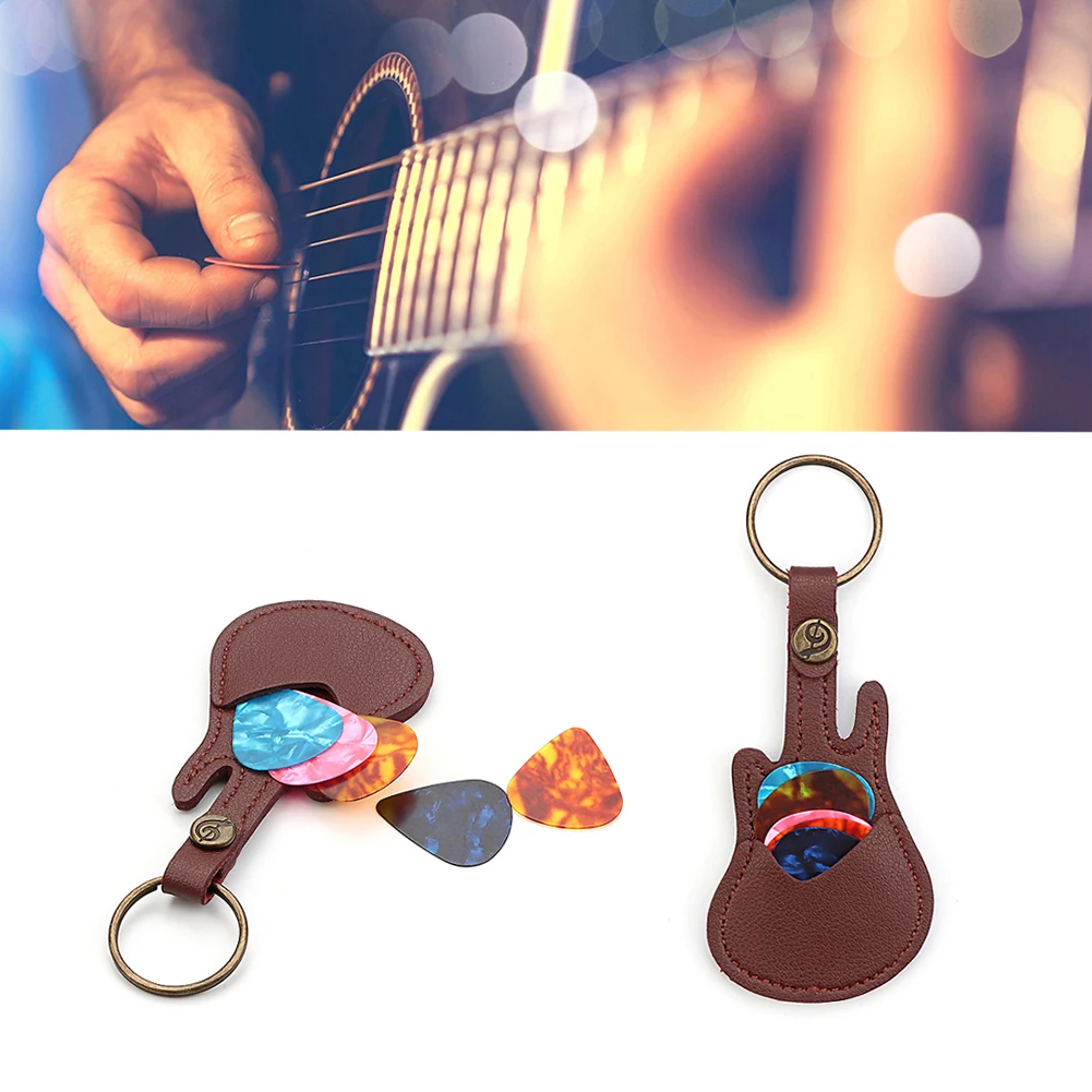 Guitar PU Leather Picks Bag Guitar-Shaped Guitar Storage Plectrum Container With 5 Picks Small Item Organizer Accessories