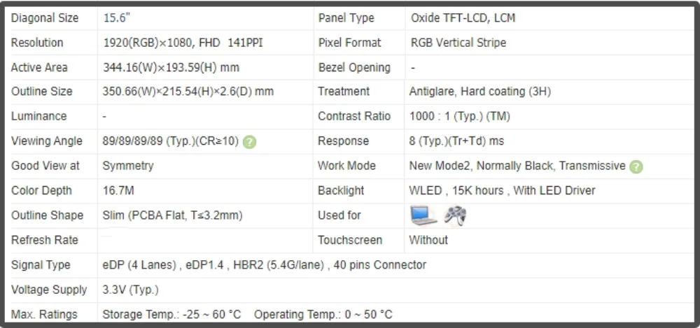 LCD 스크린 IPS 패널, LQ156 M1 JW04, 15.6 인치, FHD 1920x1080 EDP, 40 핀, 비터치