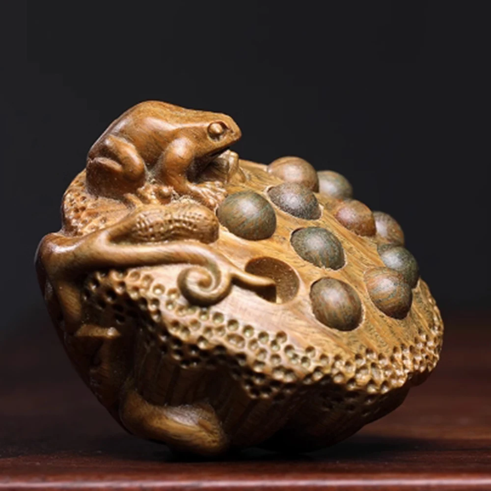 JW194 - 5.6 CM Frog on Lotus Green Sandalwood Sculpture Animal Figurine Decoration Craft Gift Miniatur Ornaments