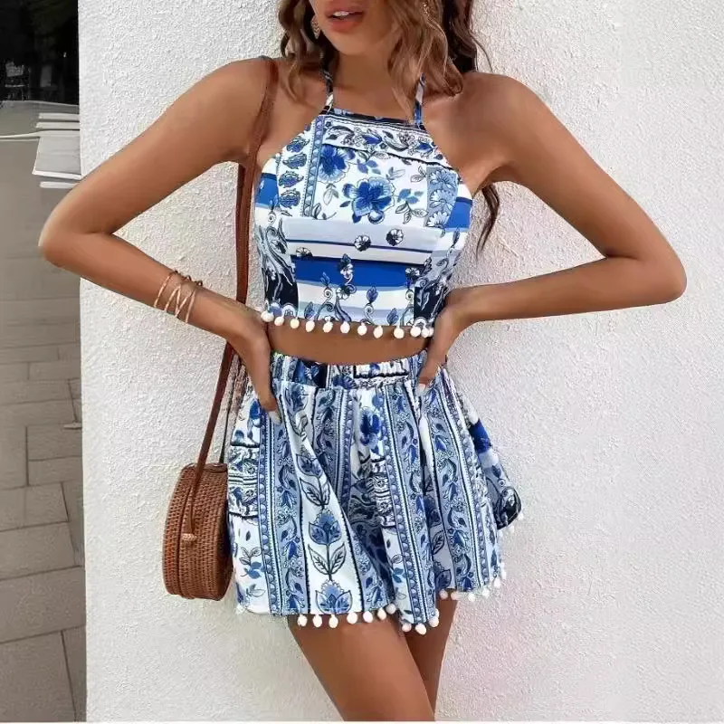 

Summer Sexy Women's New Style Bohemian Fashion Sexy Sweet Suspender Print Stitching Women's Two-piece Set