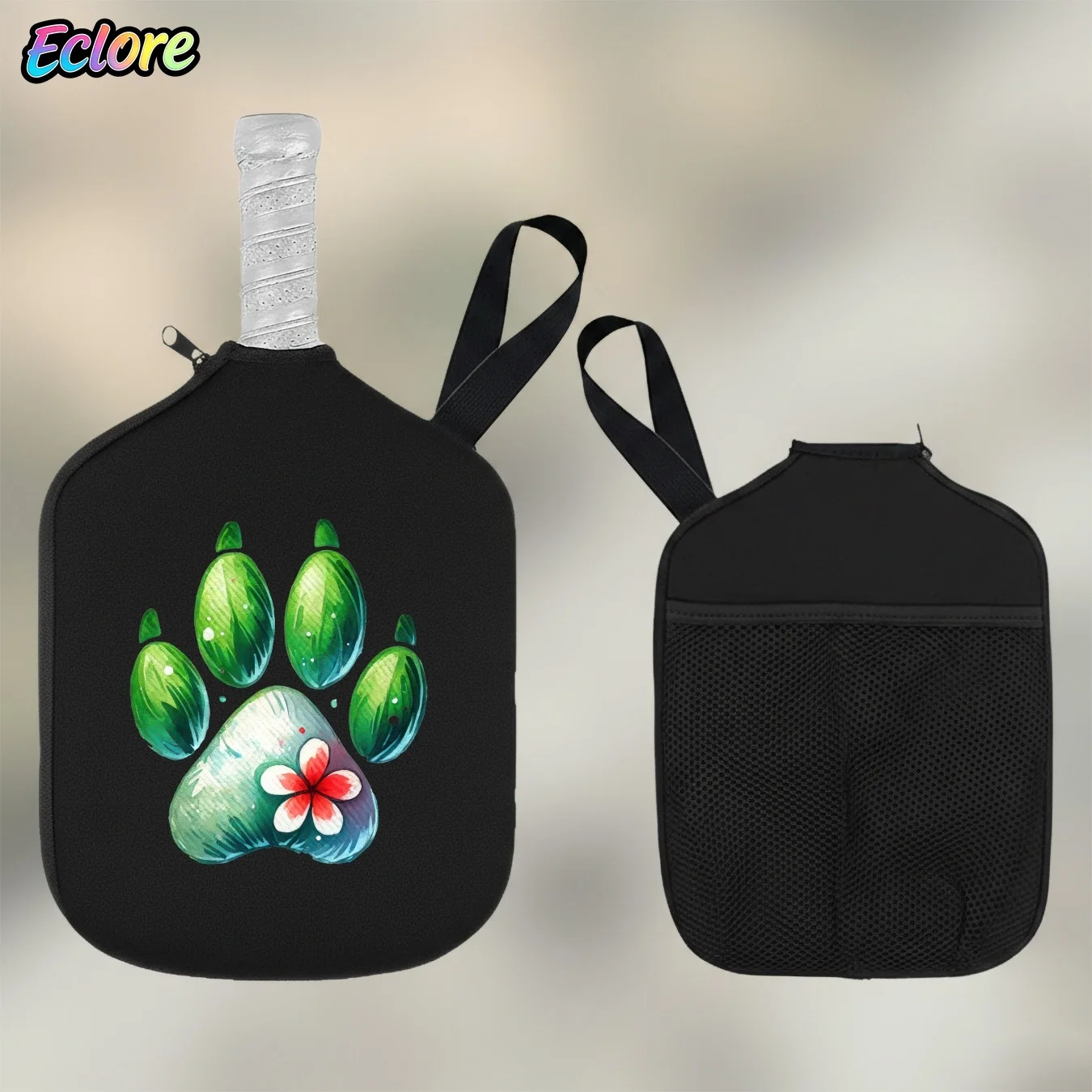 Green Watercolor Paw Print Paddle Cover, Durable Pickleball Racket Bag, Shockproof for Sports Lovers, Table Tennis, Tennis,