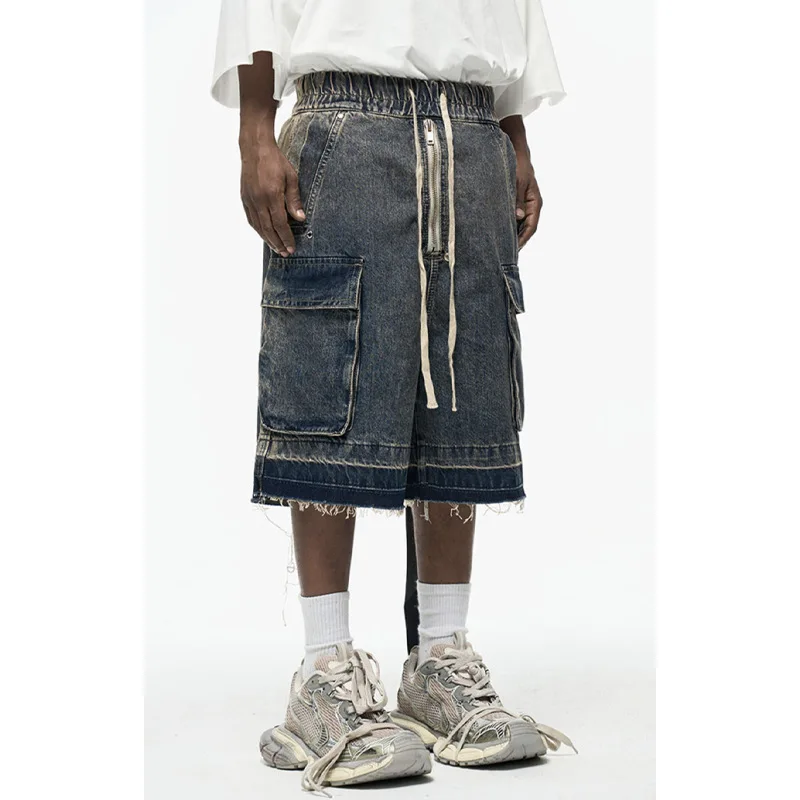 2025 High Street Zipper Burr Side Pocket Tooling Shorts Washed Old Streamer Loose Denim Five-point Pants Men