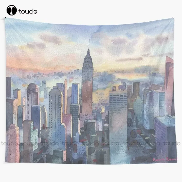 New York Watercolor Paper City New York Skyscrapers Sunset Sky View Tapestry Horizontal Tapestry Wall Hangings Wall Covering