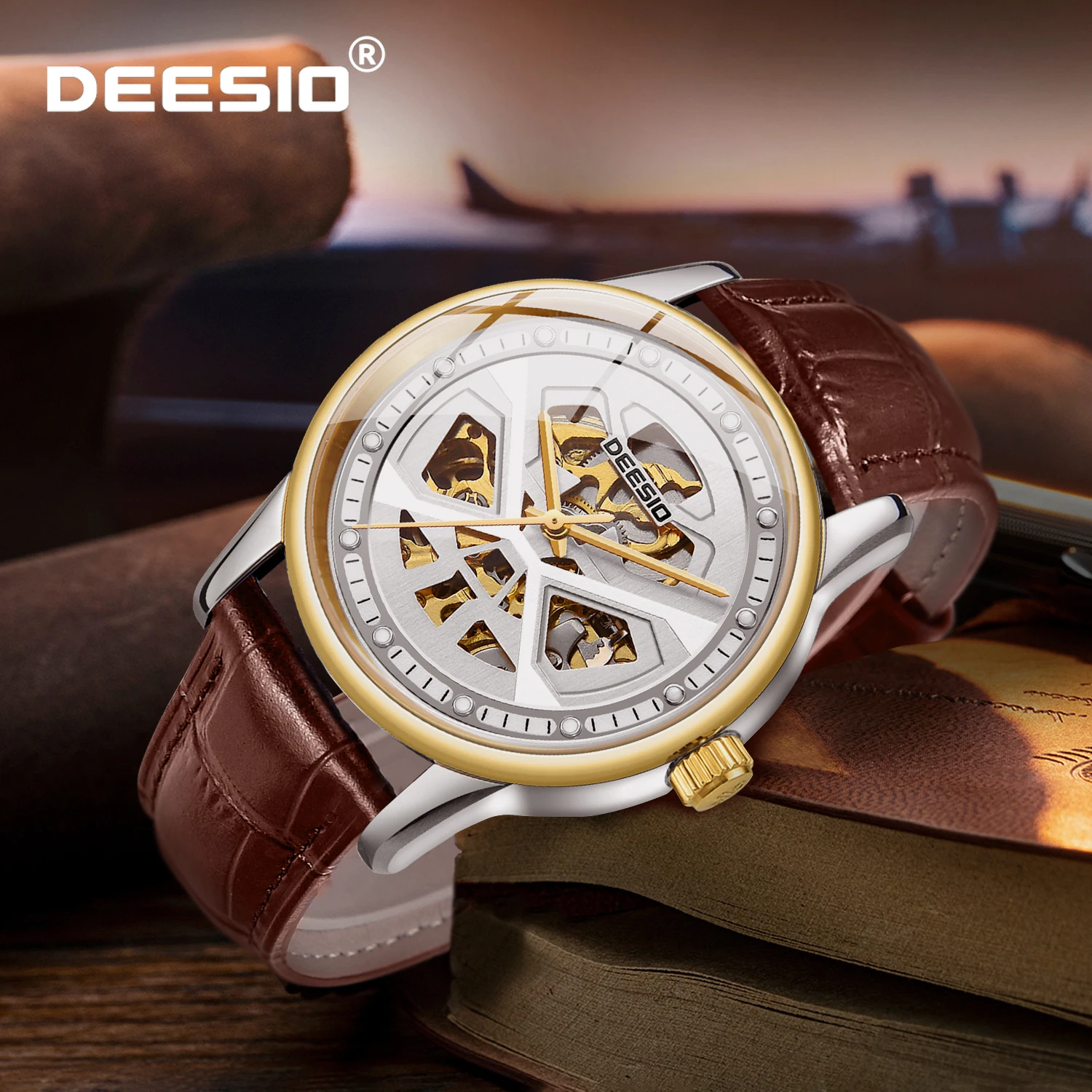 

Dessio Automatic Mechanical Watch for Men Self-Winding Hollow Stainless Steel Case Leather Strap Luminous Sports Luxury Watches