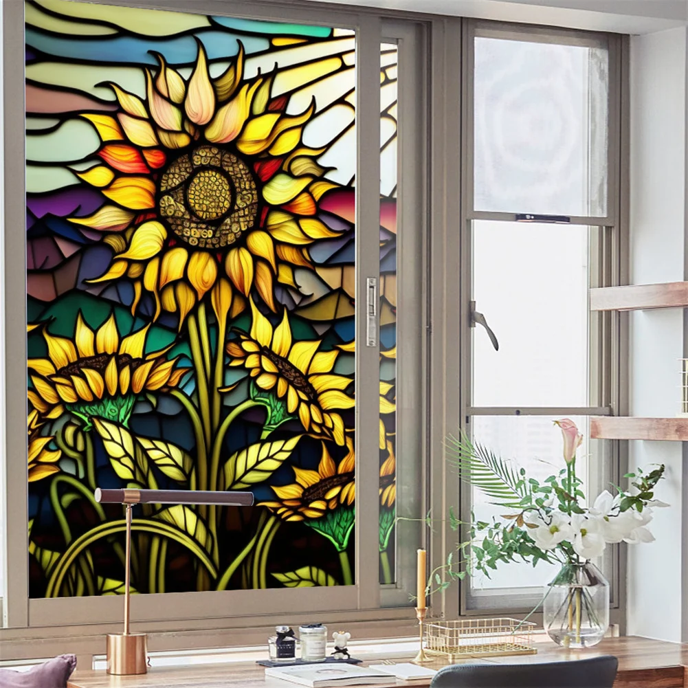 Película de ventana de vidrio teñido de girasol colorido, película de ventana de aislamiento térmico de bloqueo Uv extraíble, estática decorativa