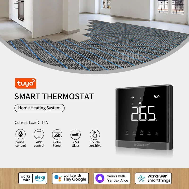 16A  Electric Underfloor Heating Tuya Smart Thermostat Temperature Controller Switch with 3 Meter Cable Floor Sensor