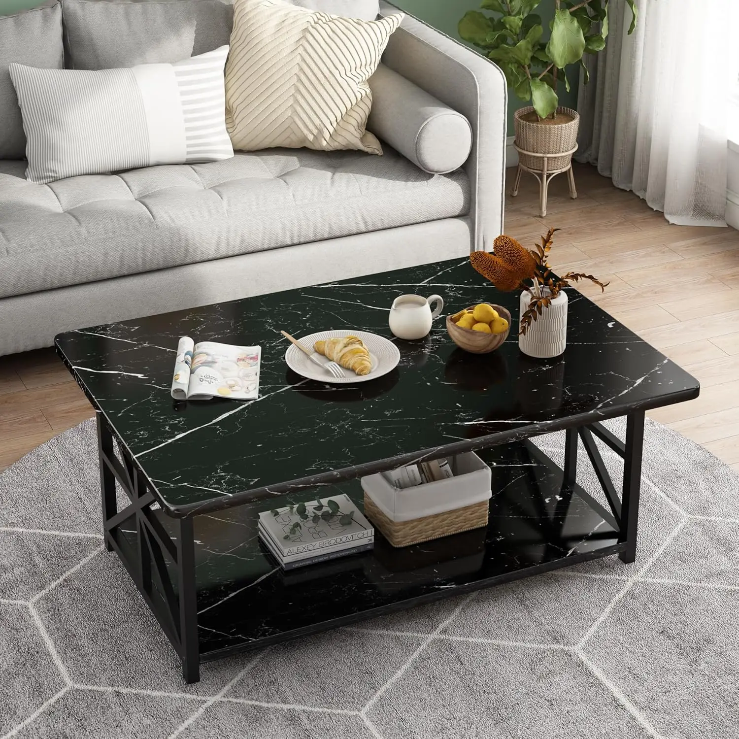 

Faux Marble Coffee Table for Living Room,Modern 2-Tier Coffee Table with Storage,Rectangular Center Table for Sofa,Sturdy F