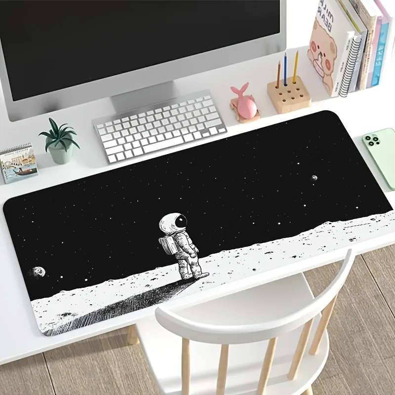 1pc Large-sized Esports Gaming Mouse Pad, Featuring an Astronaut Observing Stars on the Moon in a Black and White Illustration. This Oversized Desk Mat with a