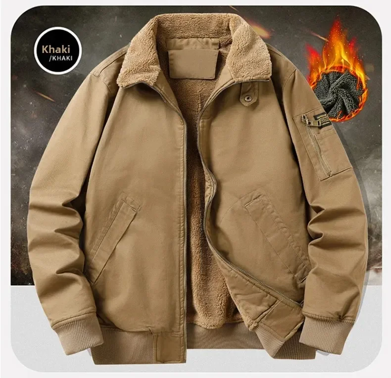 

Мужская летная куртка на утолщенной флисовой подкладке, осенне-зимняя хлопковая верхняя одежда, облегающая повседневная рубашка обычной длины, верхняя рубашка