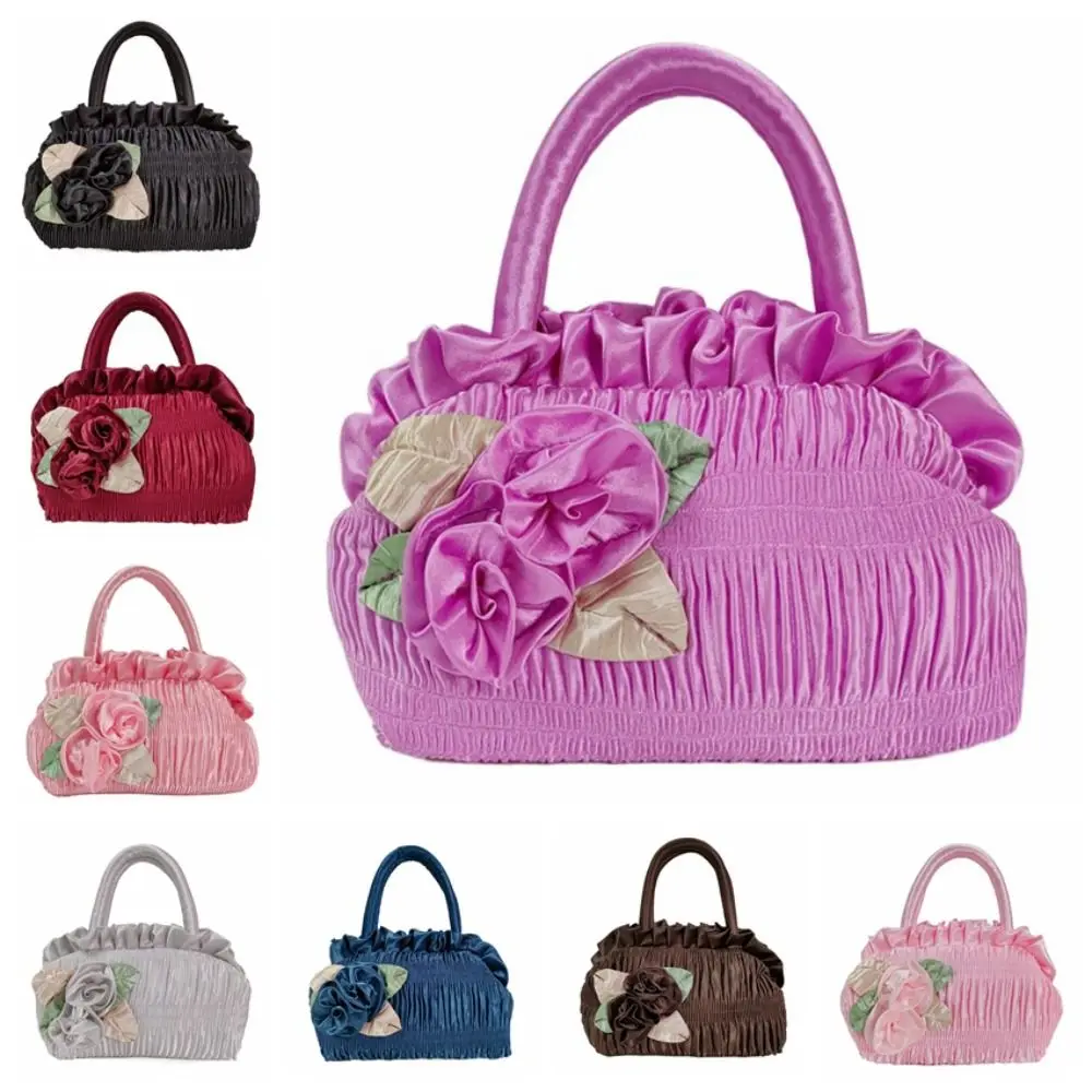 Leaf Hanfu Rose Flower Handbag Satin Silk Ruffle Zipper Flower Tote Bag Cosmetic Makeup Bag Mommy Bag Ethnic Style Wrist Bag