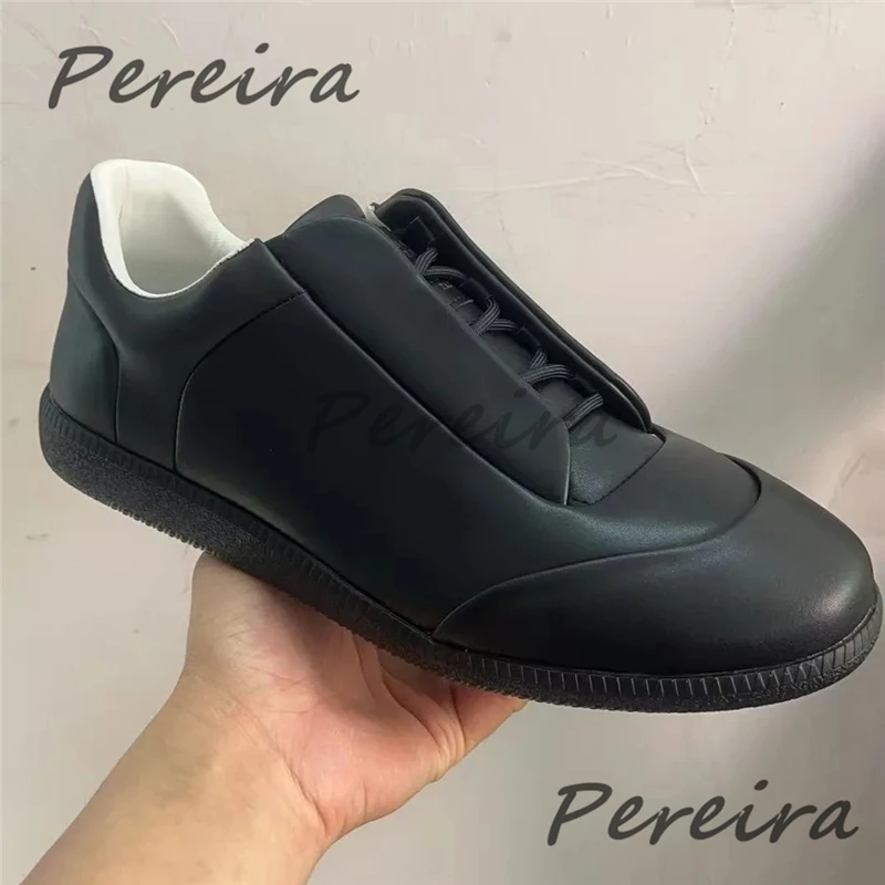 

Black Genuine Leather Low-Top Sneakers Men's Round Toe Lace-Up Sports Shoes Summer New Trendy Versatile Comfortable Casual Flats