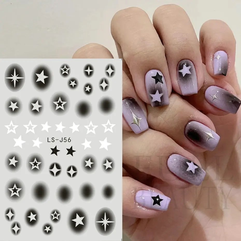 Black Stars Nail Stickers Blooming Gradient Hollow Starlight Hexagram Heart Butterfly Dark Style Cool Girl Manicure Decal LS-J56