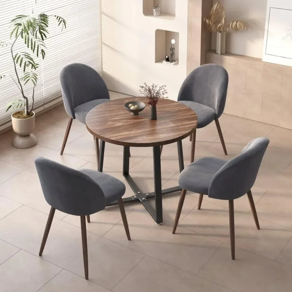 Set tavolo da pranzo rotondo moderno in legno da 5 pezzi da 35 pollici per 4 comode sedie in velluto, set tavolino da caffè per piccoli appartamenti